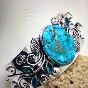 Turquoise Blue Topaz Stamped 925 Sterling Silver Cuff Bracelet